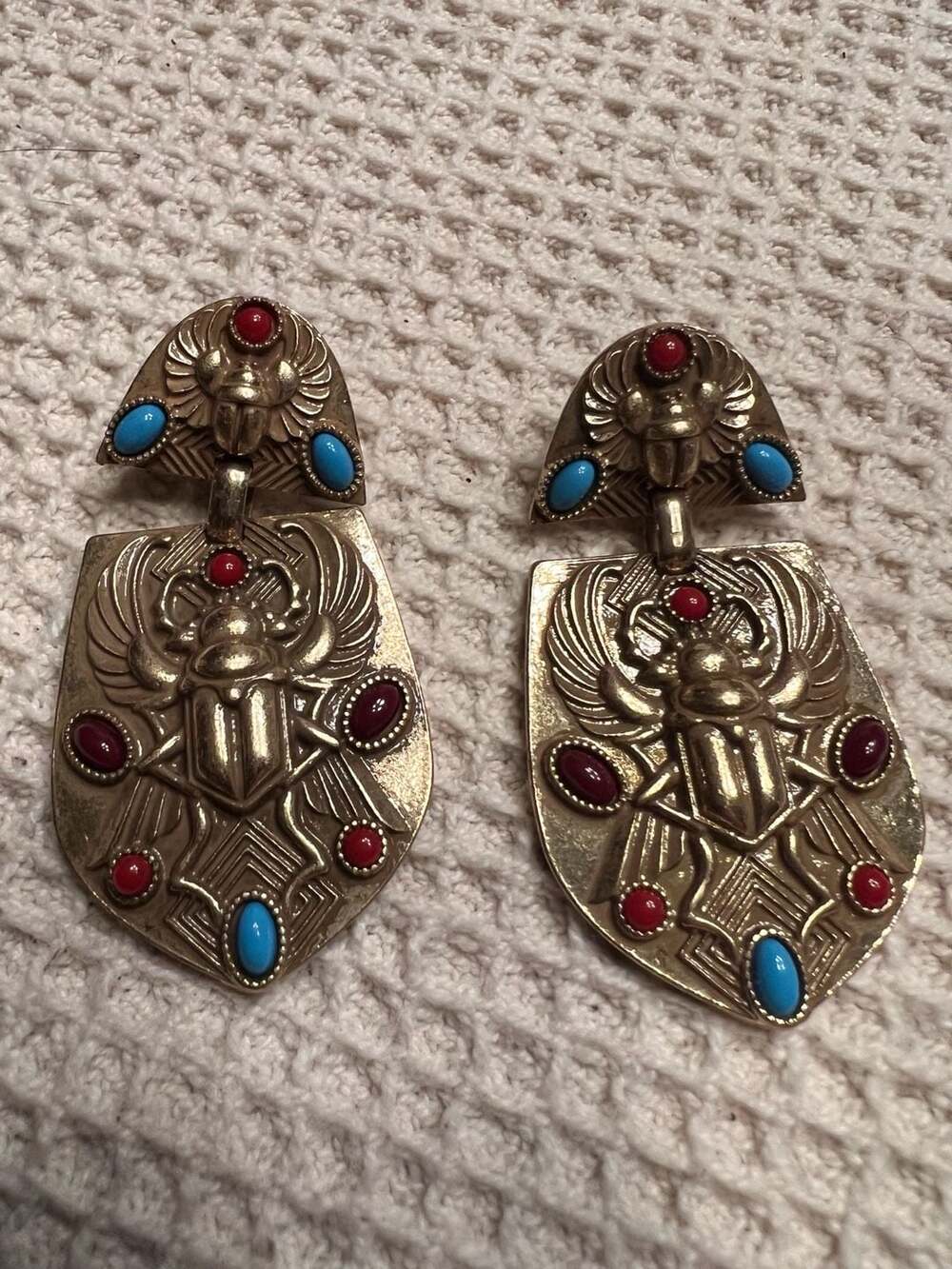 HeidiK9 Vintage Egyptian Revival Scarab Gold-Tone Crystal Drop Earrings